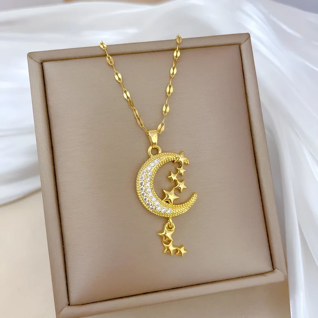 Moon pendant necklace with diamond accents on copper with geometric stainless steel chain