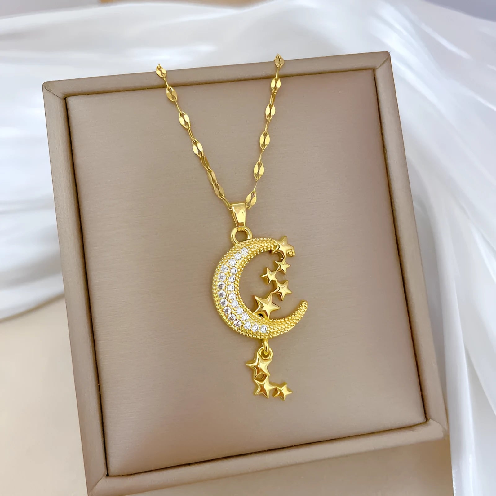 Moon pendant necklace with diamond accents on copper with geometric stainless steel chain