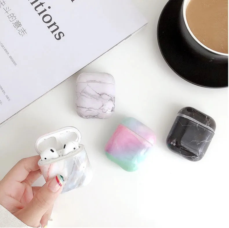 White marble effect protective hard case for Apple AirPods 1 and 2 wireless earphones