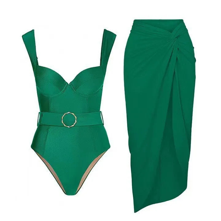 Women's one-piece swimsuit with gauze skirt in double shoulder and oblique shoulder styles.