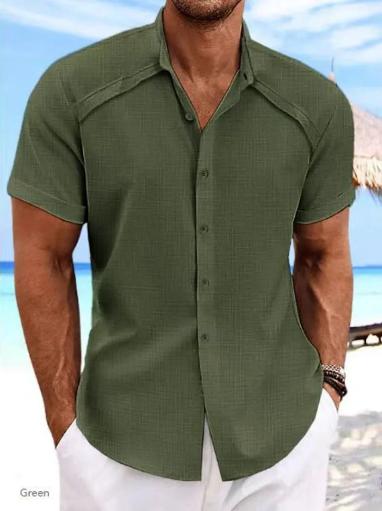 Hawaiian casual short sleeve shirt in solid colour cotton blend fabric for summer wear