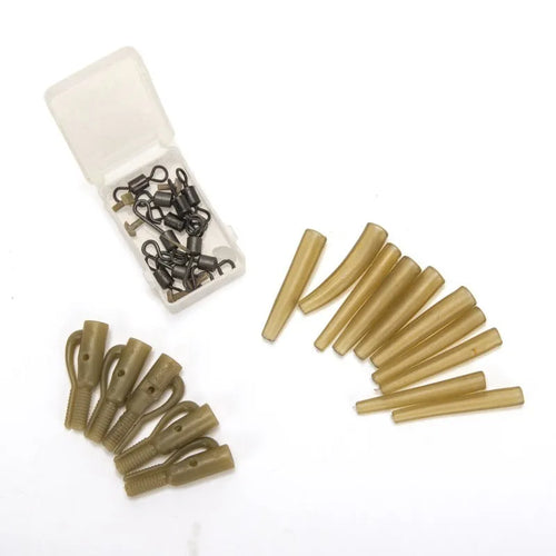 30-piece European carp fishing accessory set with tubes, hoses, rotation pieces, and screws
