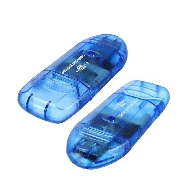 Transparent USB card reader with LED light showing memory card slots and USB plug