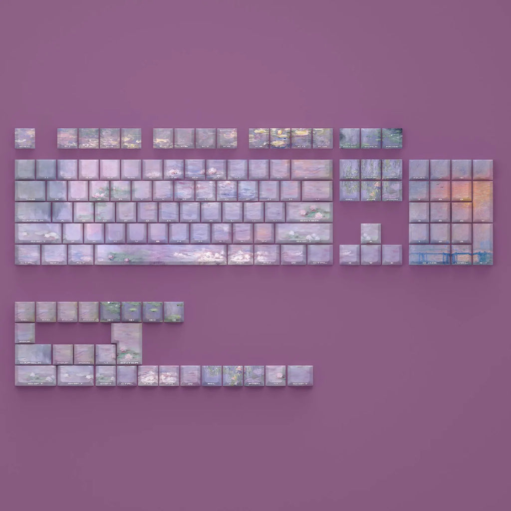 Water lily themed PBT keycap set with side-carved transparent characters for mechanical keyboards
