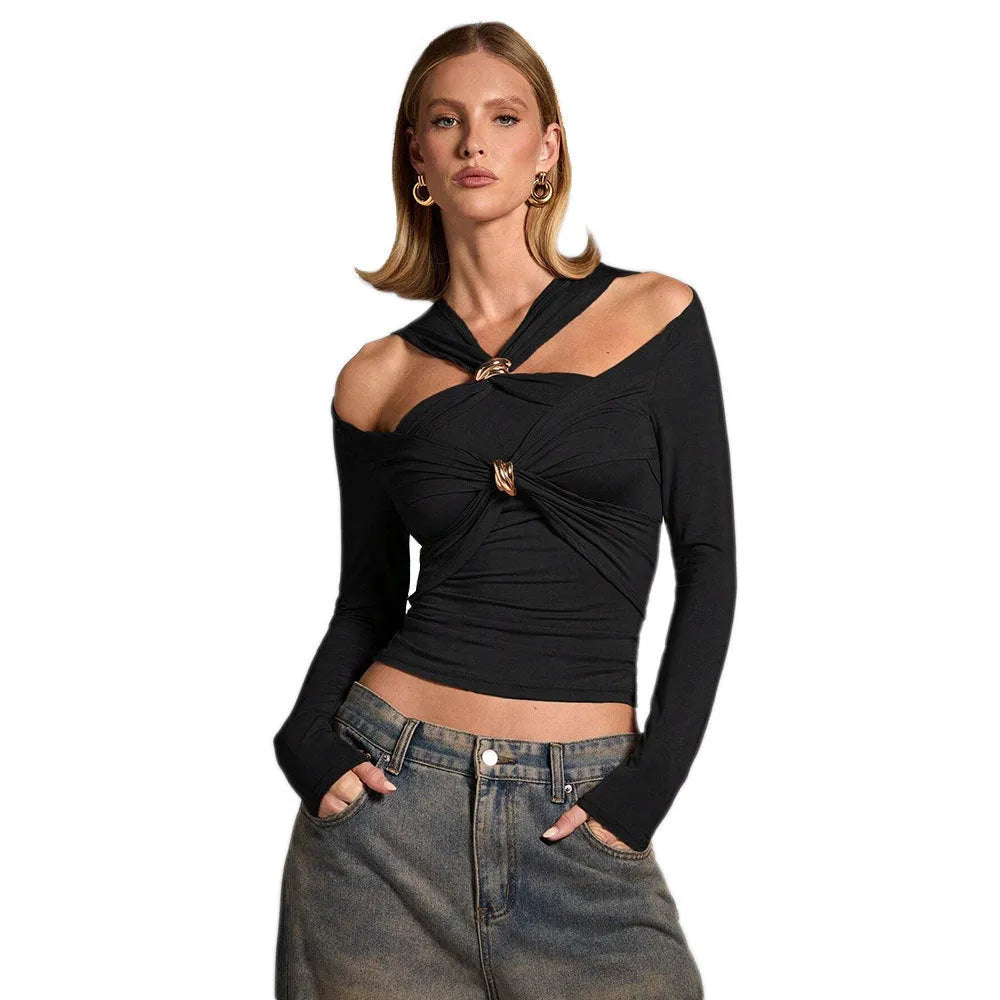 Black women's halter top with long sleeves and slim fit silhouette