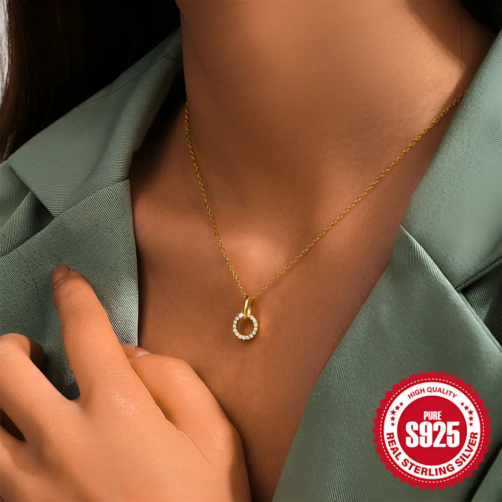 Gold tone adjustable sterling silver clavicle chain with interlocking micro inlaid zircon geometric design