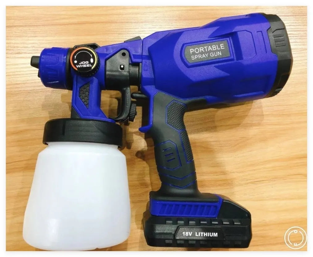 Blue cordless paint spray gun with 800ml tank and lithium battery