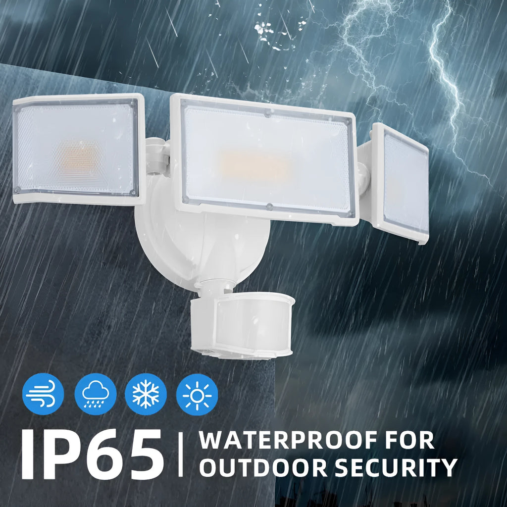 White LED security flood light with motion sensor showing wall mounting bracket and 120V input specifications