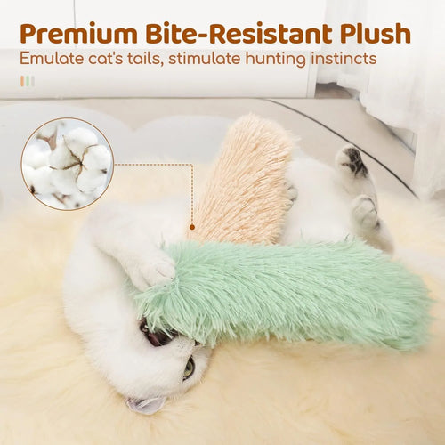 Soft plush cat toy pillow in blue, green, pink, or white, measuring 27cm by 10cm.