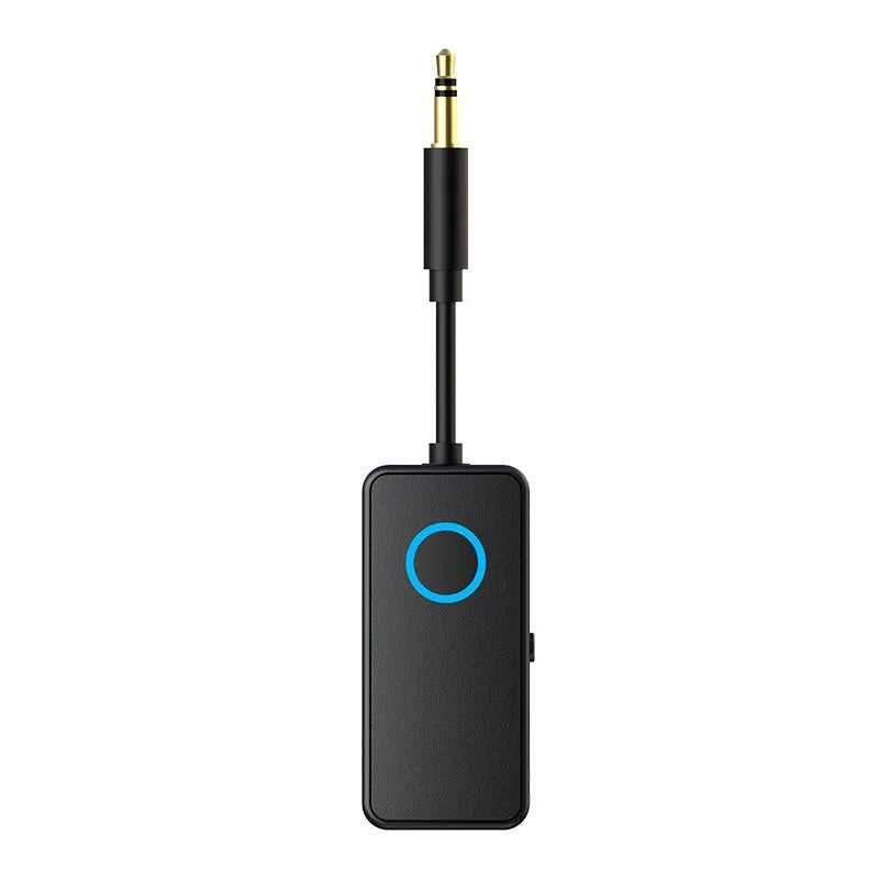 Black Bluetooth 5.4 audio adapter with flexible 3.5mm plug for wireless streaming to car stereos and speakers