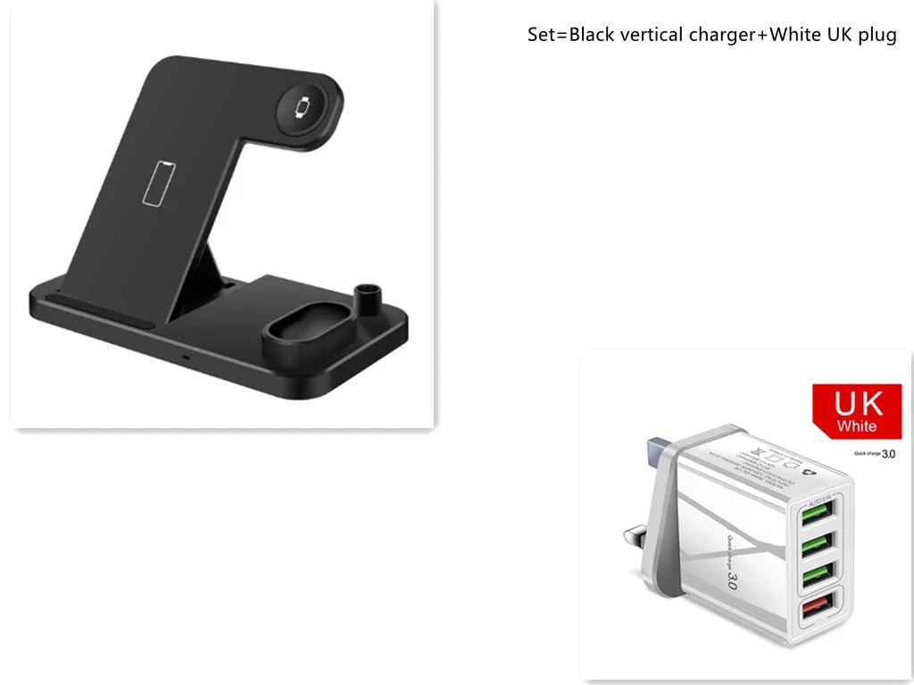 Black 4-in-1 wireless charging station showing phone, Apple Watch, AirPods, and Apple Pencil charging simultaneously.