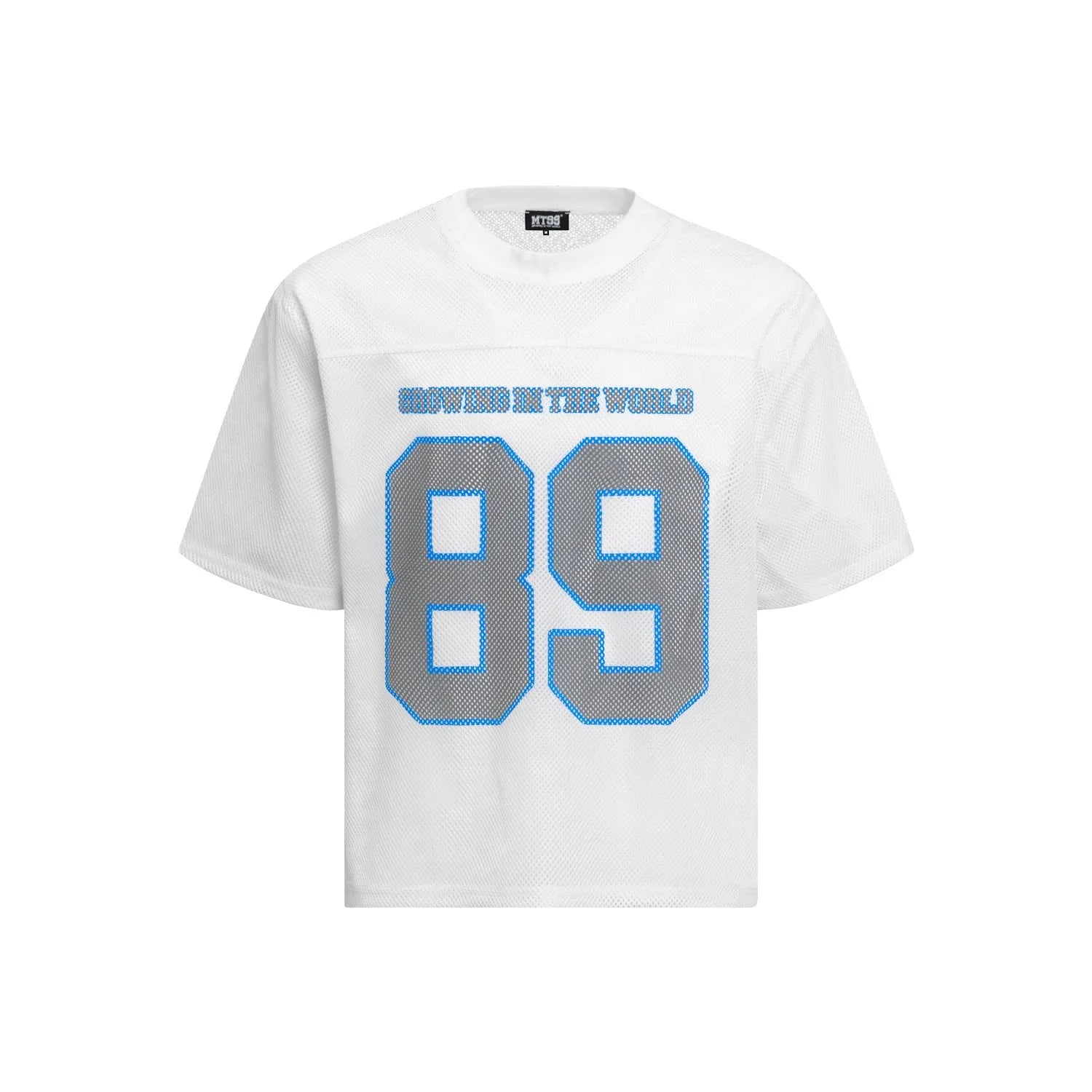 Loose-fitting black and white casual t-shirt on hanger, sizes M L XL, polyester blend fabric.
