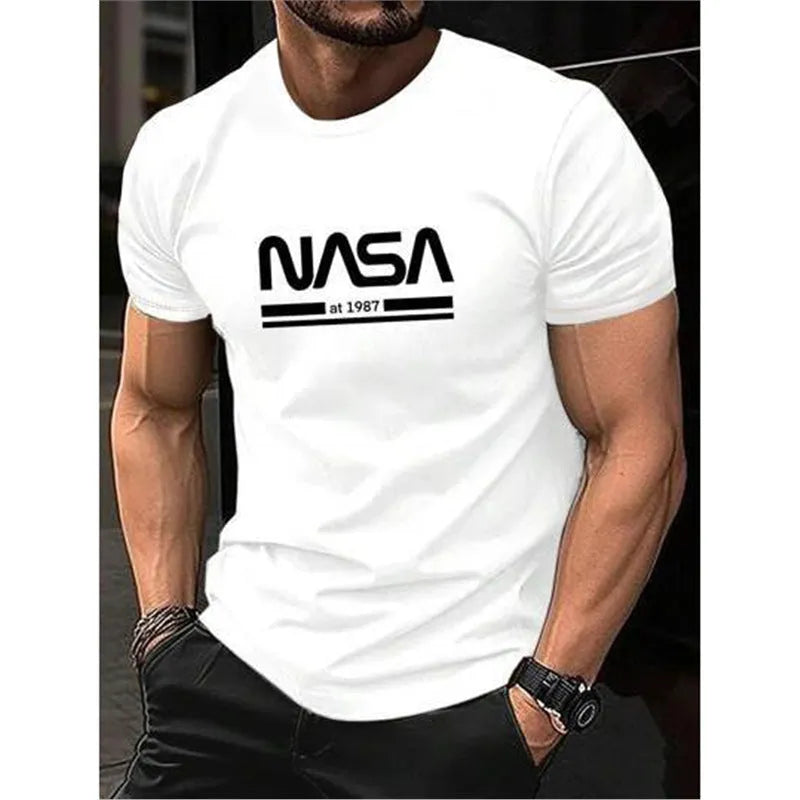 Printed slim-fit men's short sleeve cotton T-shirt on a hanger, shown in multiple colour options.