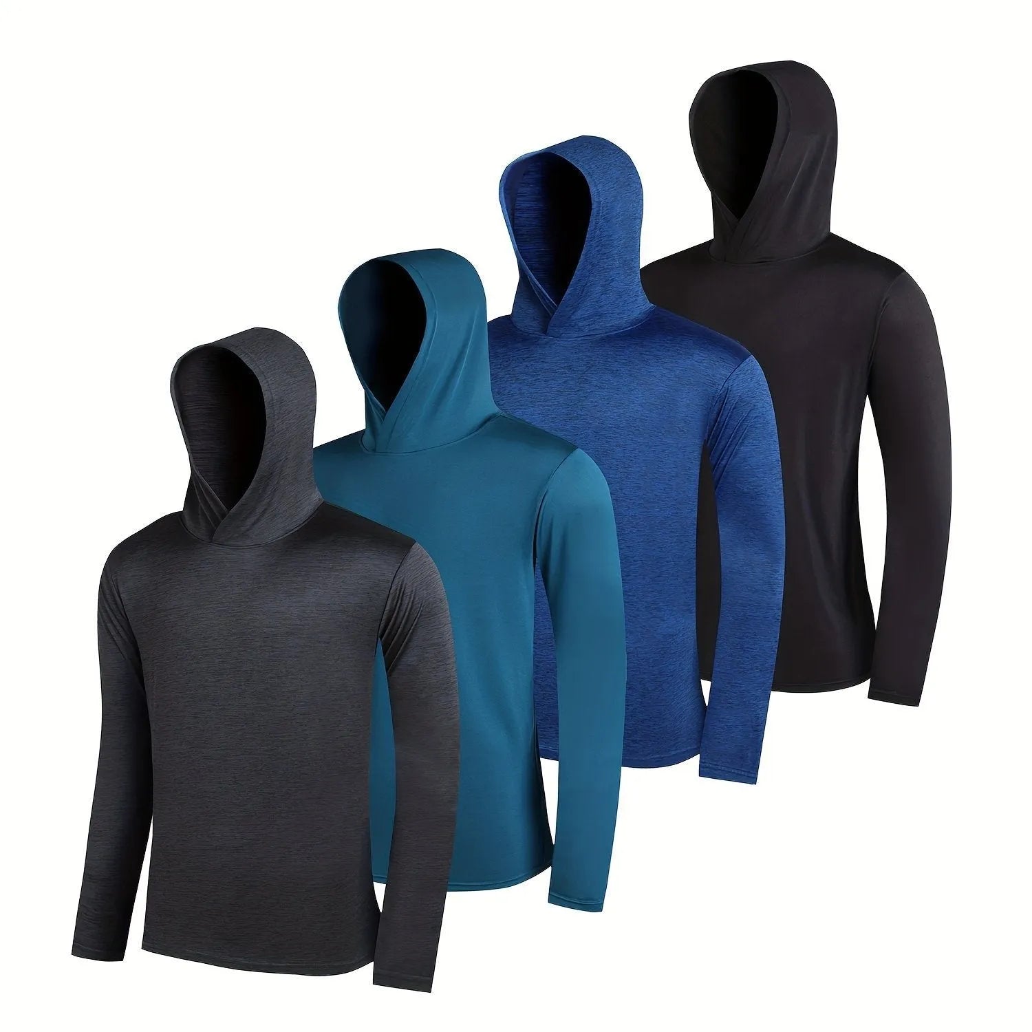 Set of four men's lightweight polyester hoodies on hangers, showing colour options and basic design.
