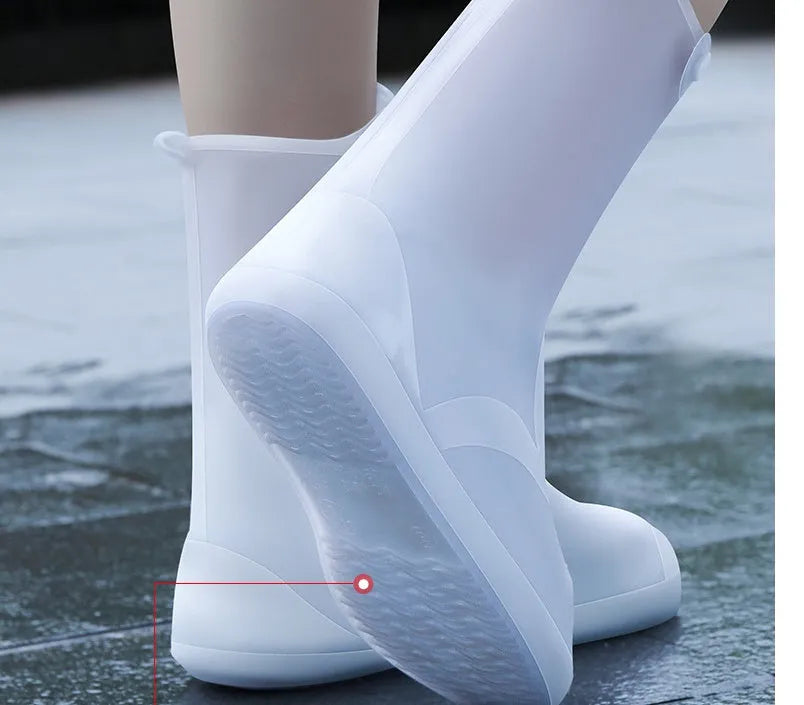 White PVC high top reusable waterproof shoe covers for women with anti-skid soles