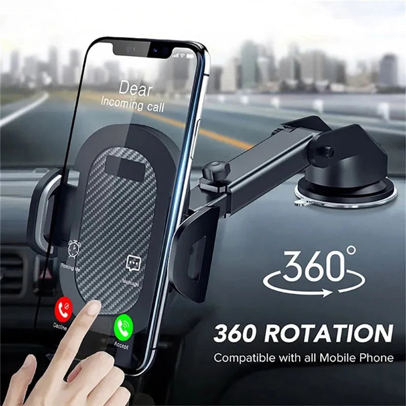 Black car phone holder made of ABS plastic and EVA foam for 4 to 7 inch mobile phones.