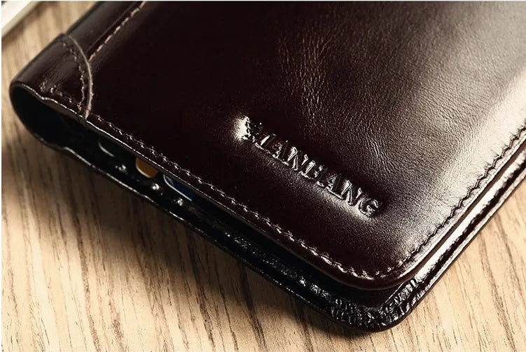 Men's black leather wallet open to show internal compartments: photo slot, card slots, banknote folder, and change pocket.
