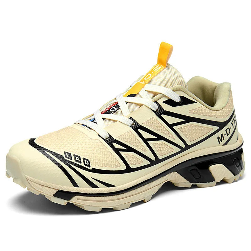 Men's and women's low-top artificial leather hiking shoes in khaki with lace-up front and flat rubber sole