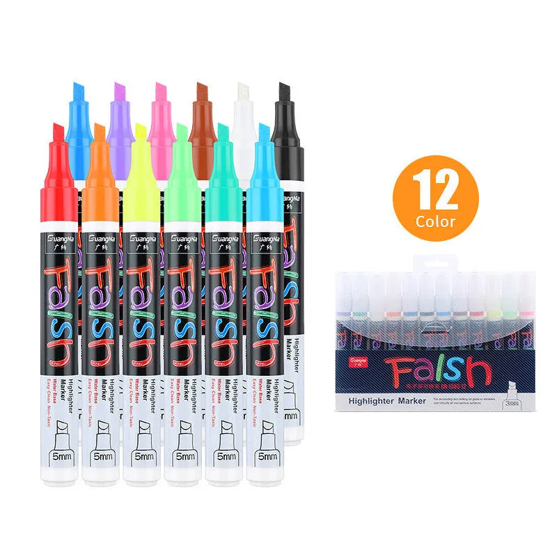 Electronic fluorescent plate highlighter pen with 6mm oblique tip and 8-colour refill set for whiteboards