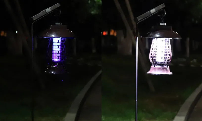 Black solar mosquito lamp with solar panel for outdoor garden insect control