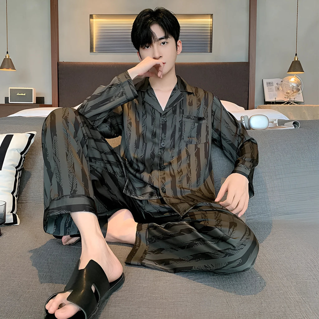 Black striped ice silk men's pajama set with long sleeve V-neck top and thin trousers.