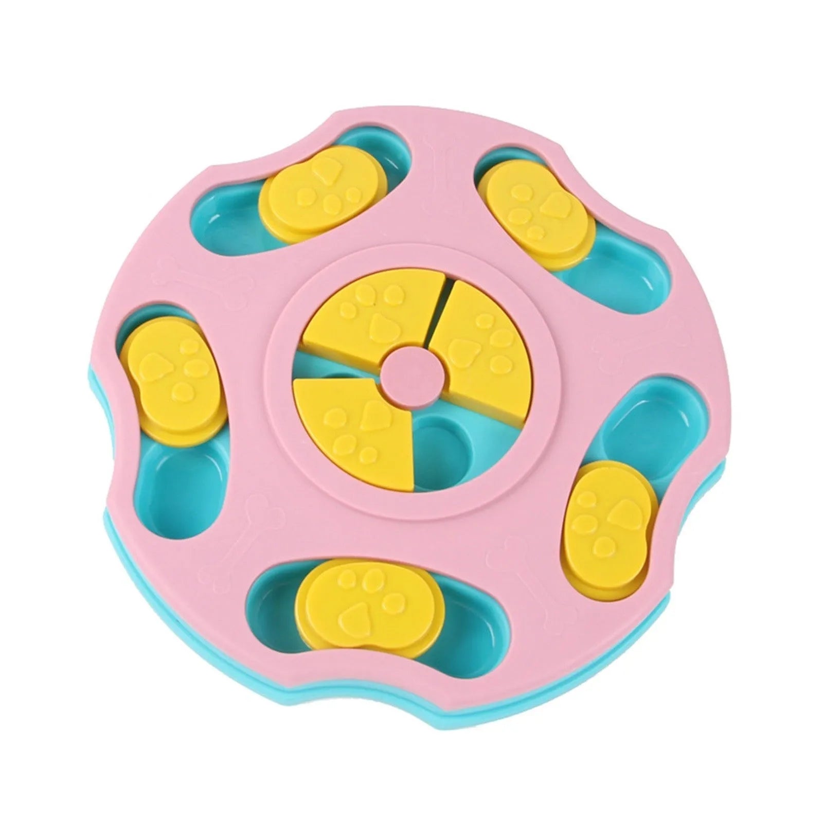 Blue dog puzzle feeder bowl with food compartments for interactive feeding games