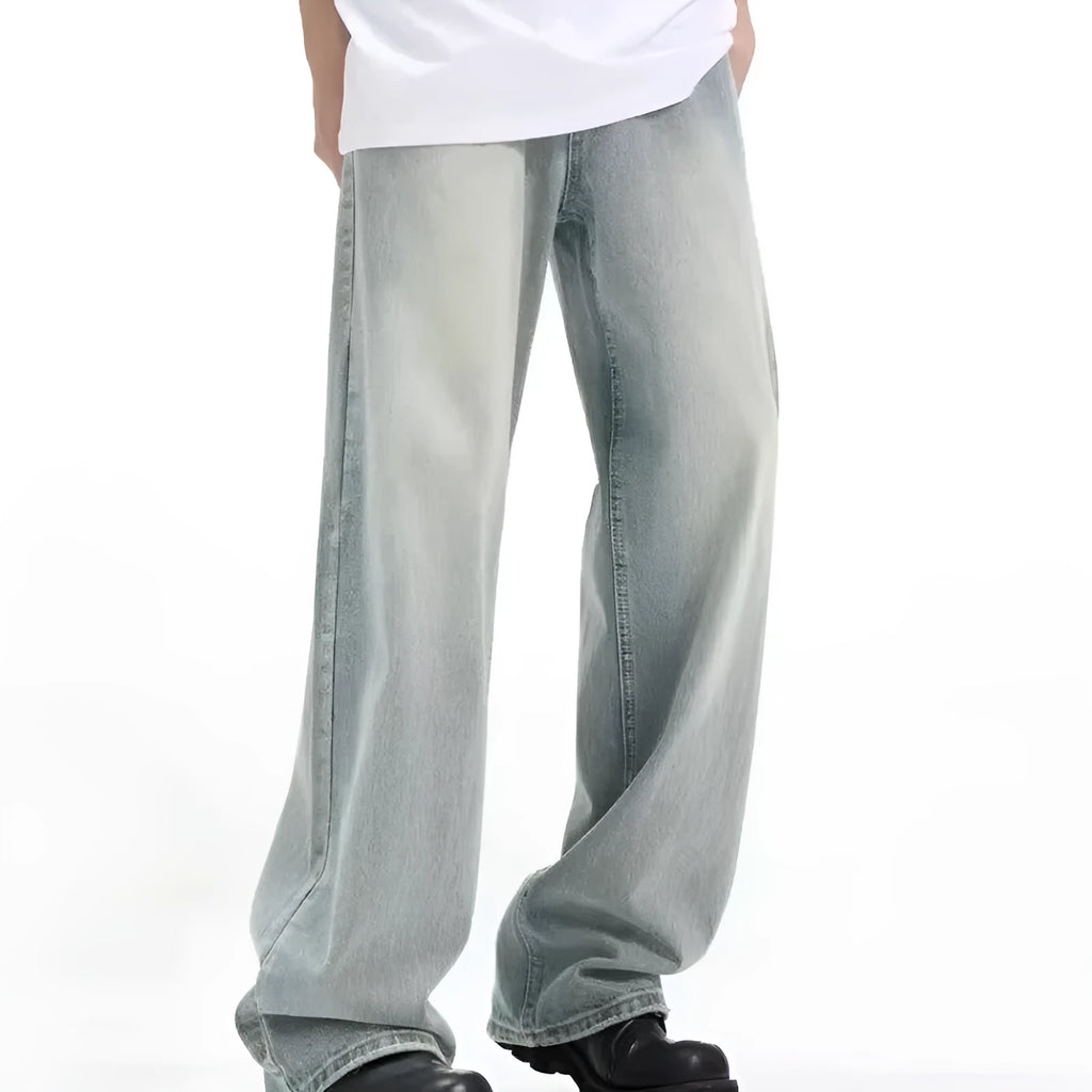 Blue loose-fit retro casual trousers made from rabbit fur fabric on a plain background.
