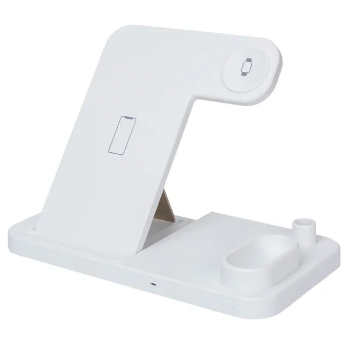 Black 4-in-1 wireless charging station showing phone, Apple Watch, AirPods, and Apple Pencil charging simultaneously.