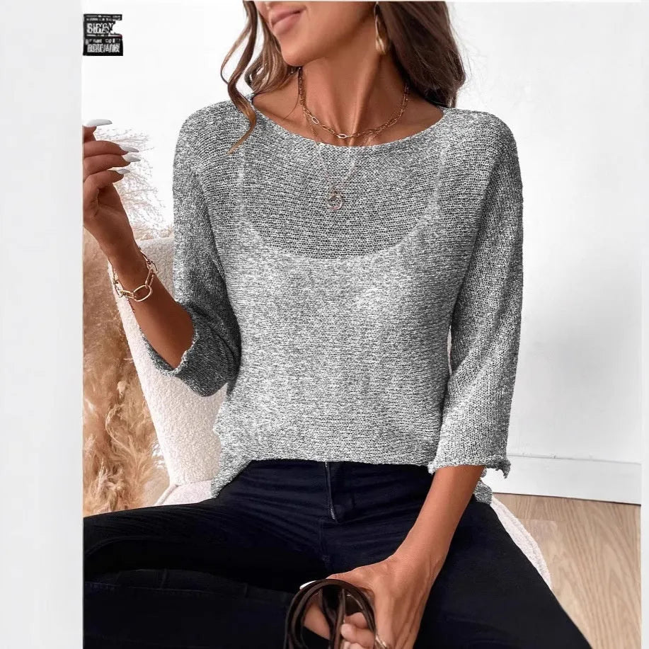 Women's off-shoulder knitted pullover top with 3/4 sleeves in thin polyester fabric