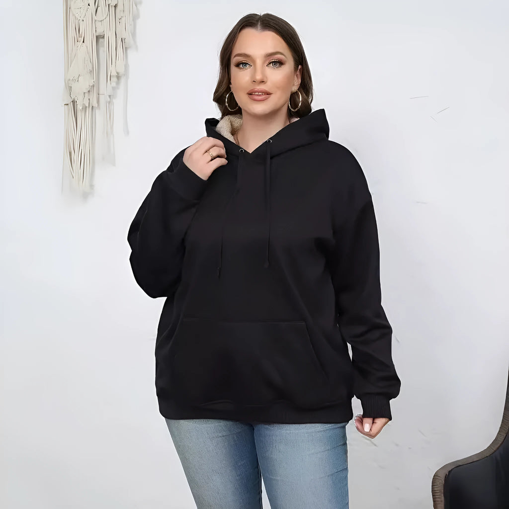 Women's loose fit hooded sweatshirt in thick polyester fabric with side pockets