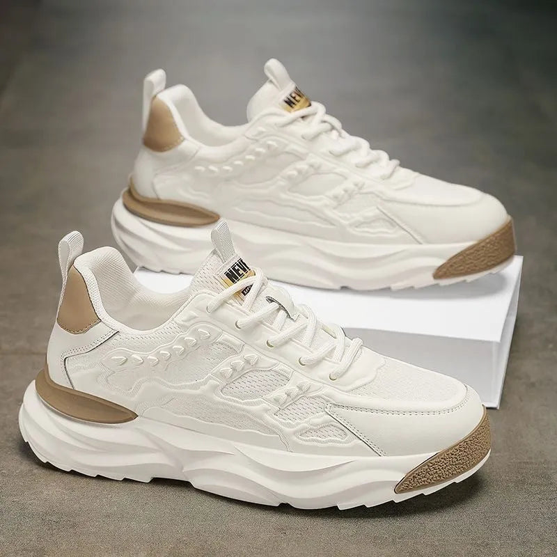 Men's white breathable mesh casual shoes with round toe design