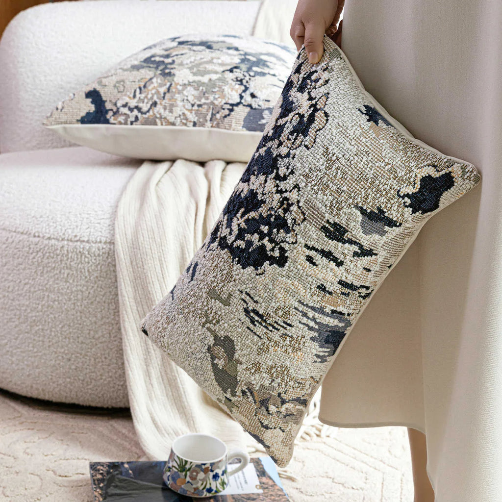 Antique blue wool blended decorative pillow with floral pattern in Chinese French artistic style