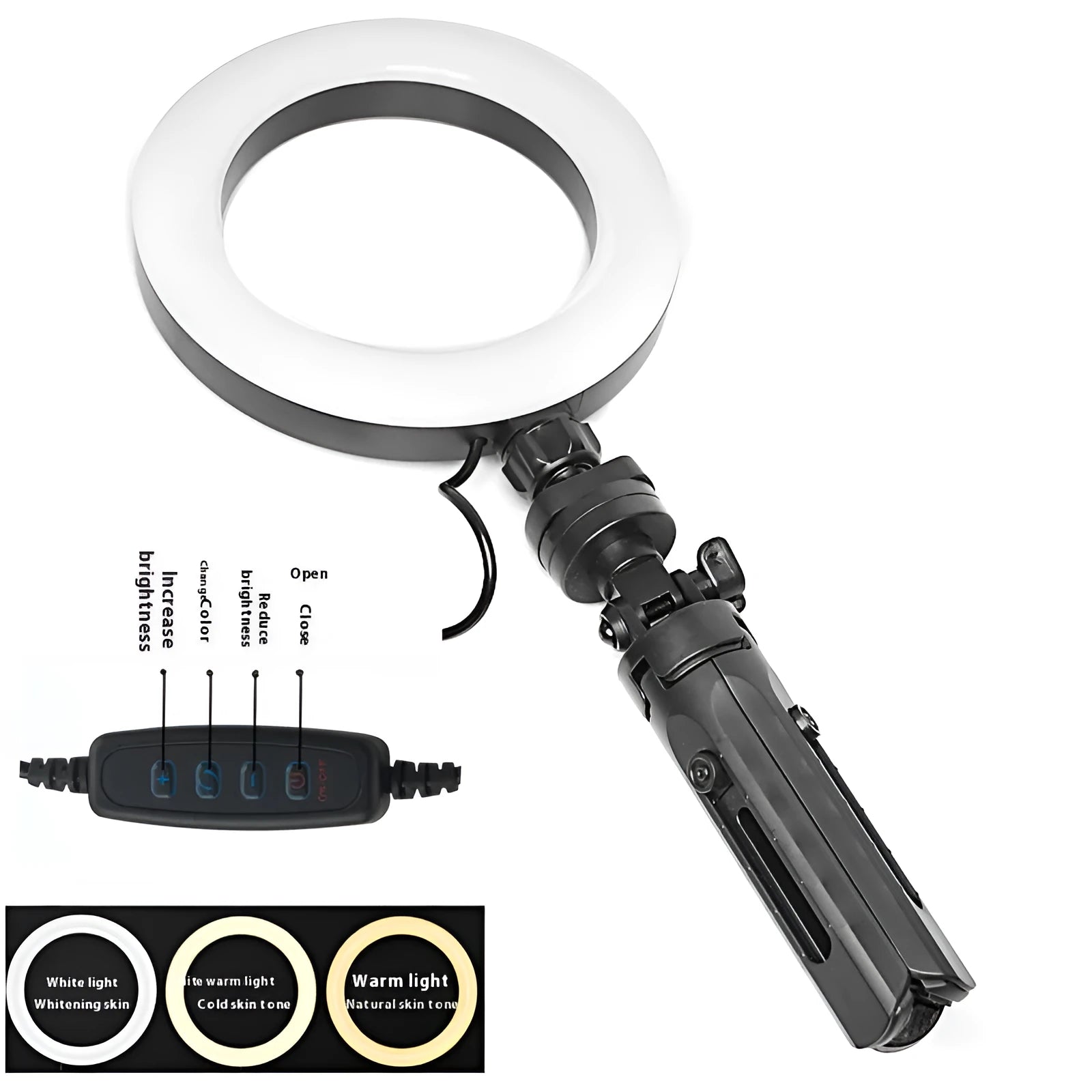 Black mobile selfie bracket with adjustable LED fill light and desktop tripod for smartphone video recording