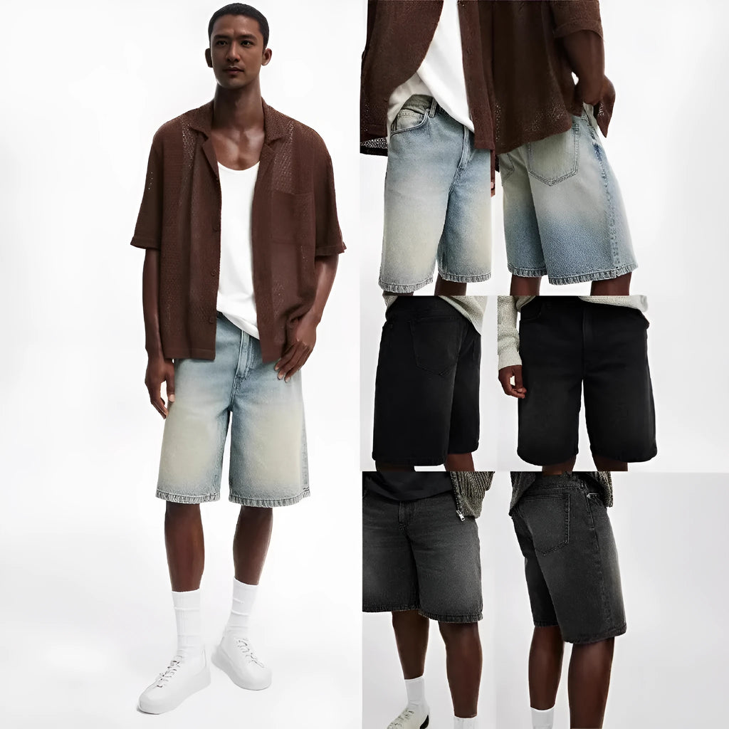 Men's light blue loose fit straight leg cotton denim jeans on a neutral background.
