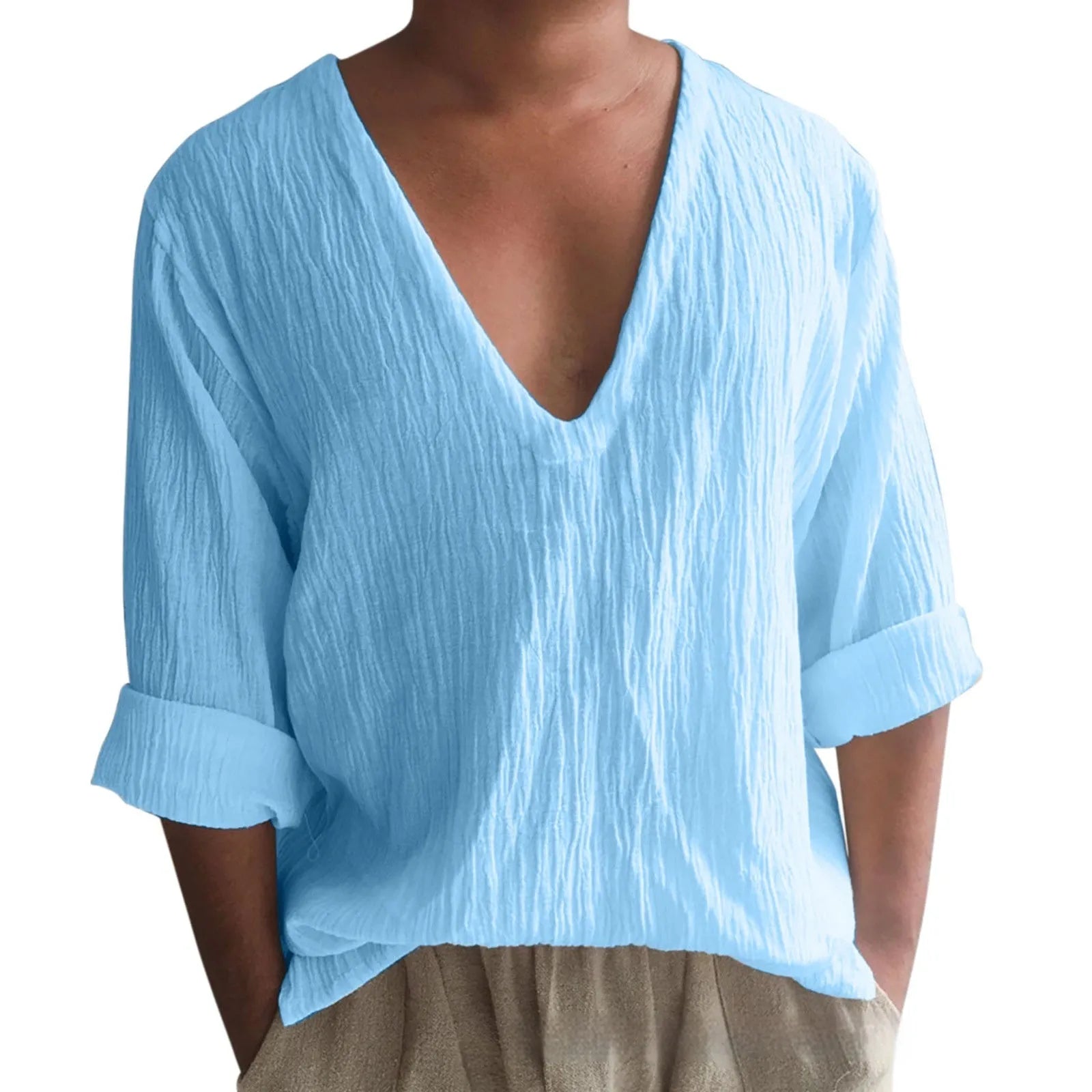 Men's washed cotton long sleeve V-neck t-shirt in solid colours on a hanger.