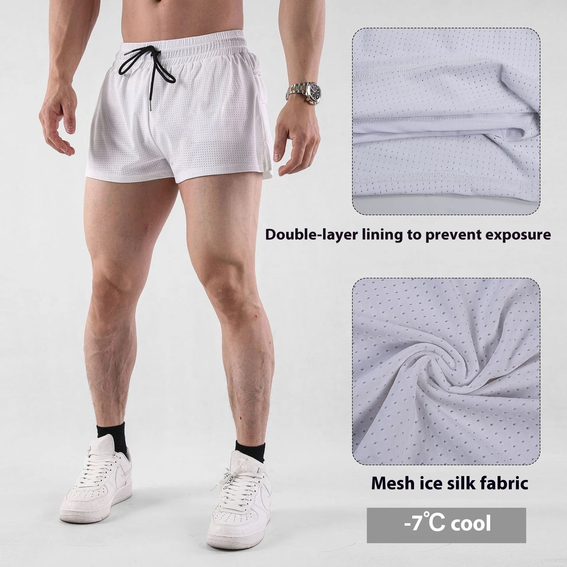 Men's quick-drying nylon summer shorts in white or black with mid-waist design