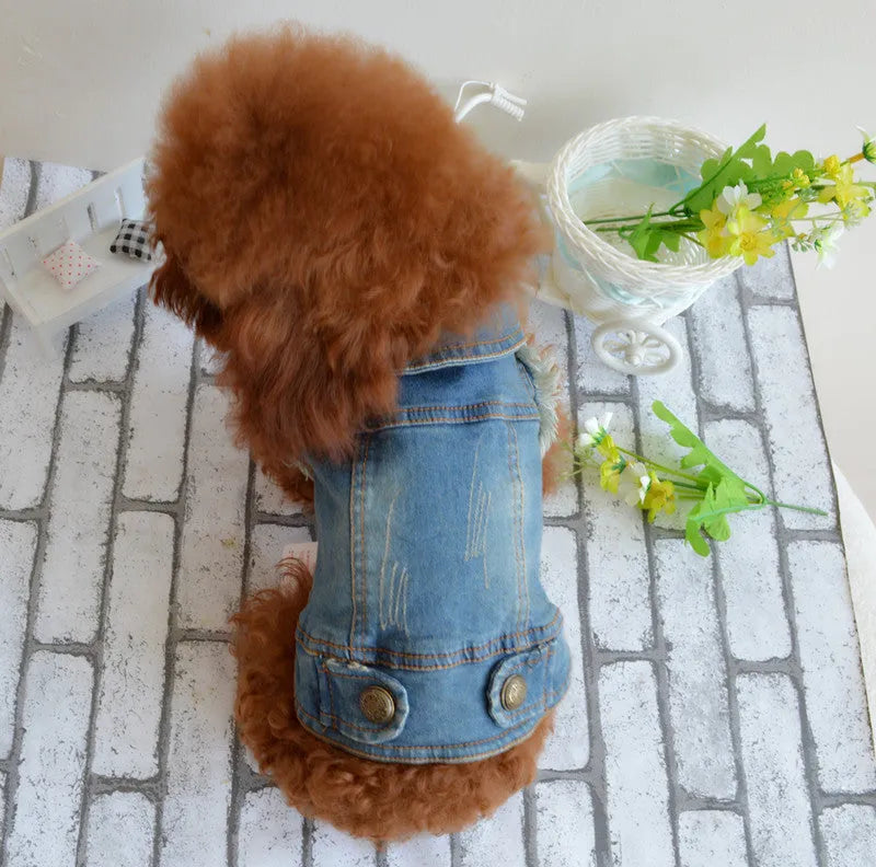 Denim dog vest with retro scratch pattern in dark and light colours for small breed dogs