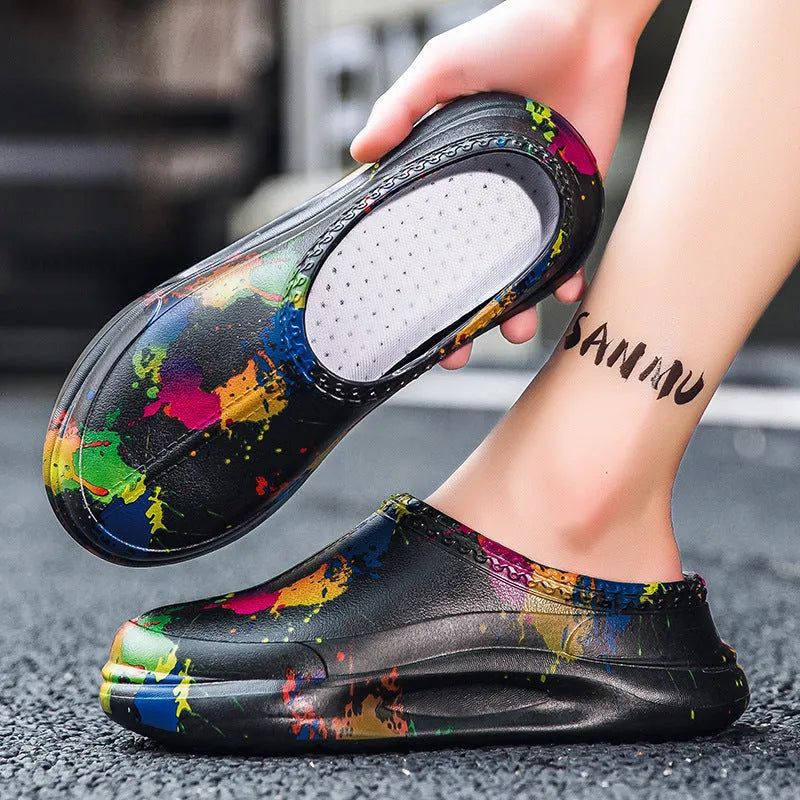 Men's black waterproof platform pump work shoes with a textured sole and toe cap design.
