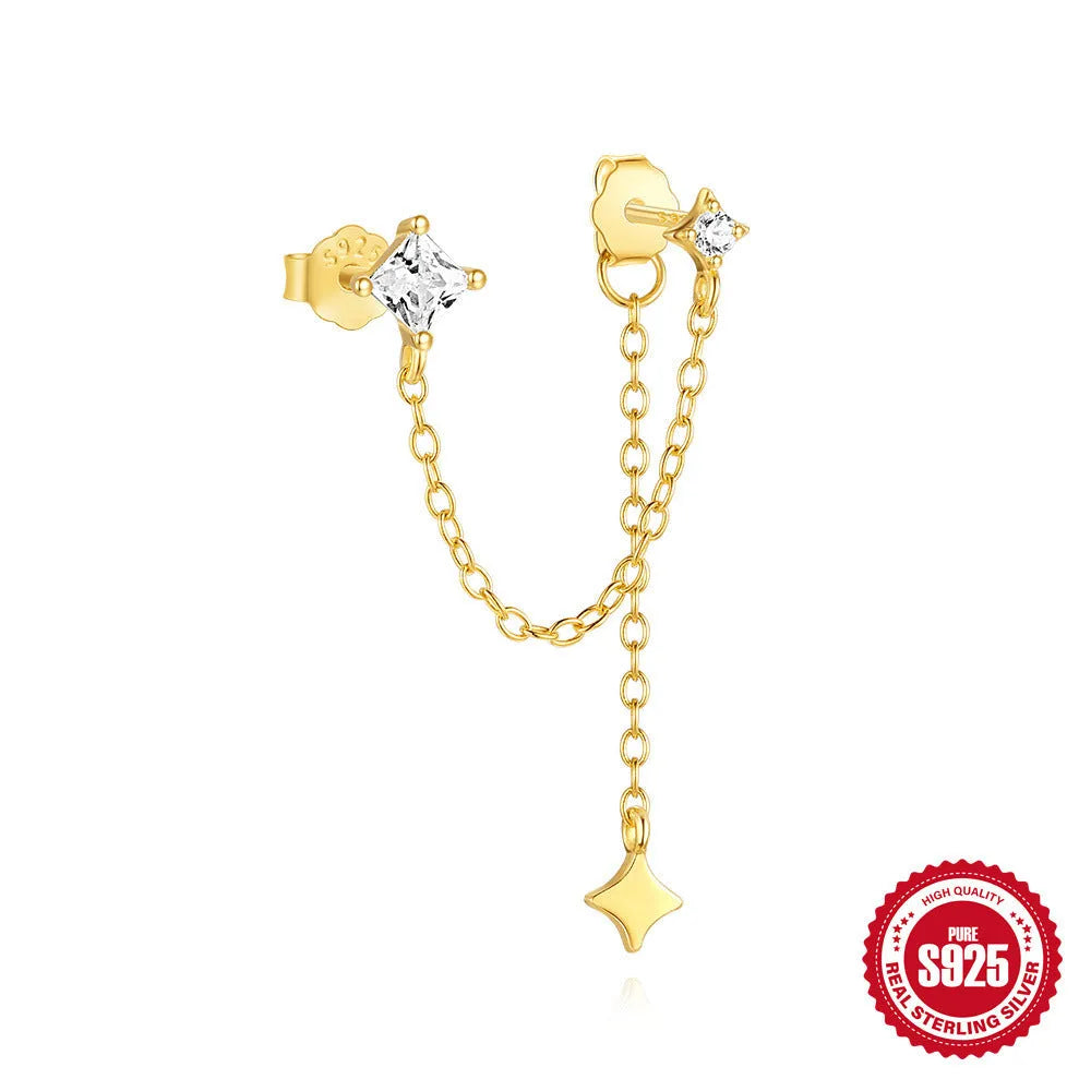S925 sterling silver double ear piercings chain stud earrings with geometric design and zircon detailing