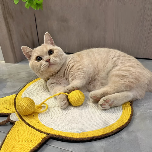 Yellow cat scratching pad with Corgi dog butt design, made from natural sisal with an anti-slip base.