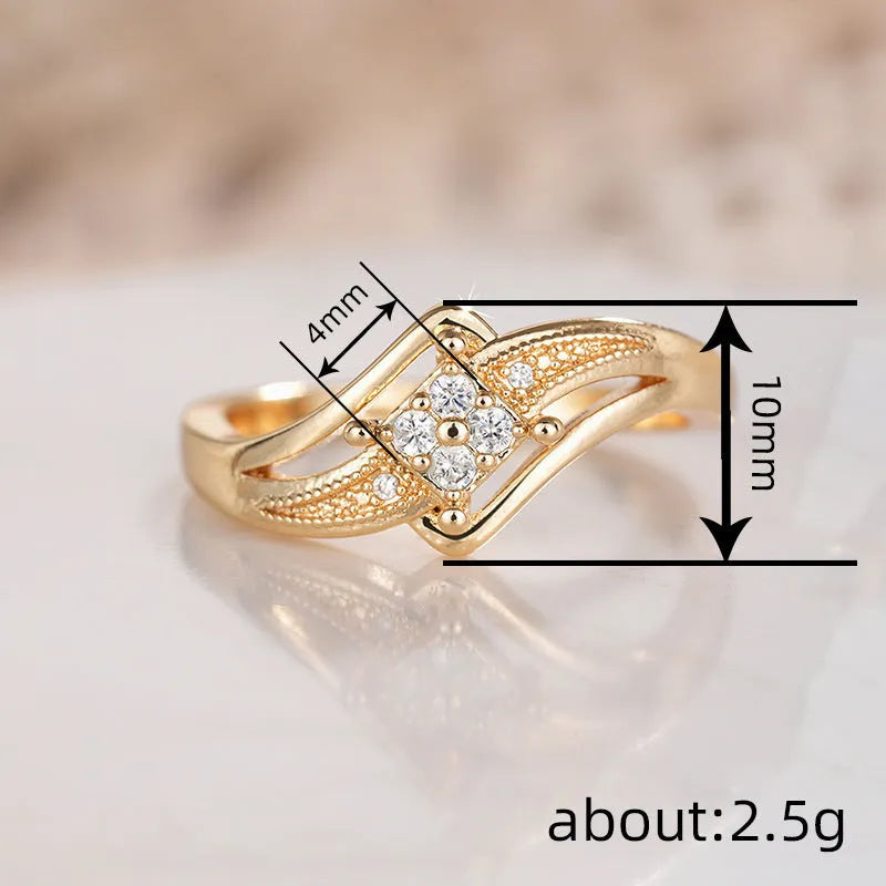 Yellow gold copper diamond ring with geometric quadrangle design and micro zircon inlay