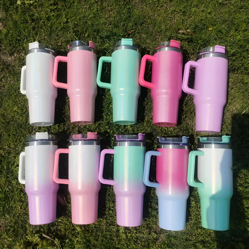 Large stainless steel vacuum insulation cup in a gradient colour, showing its 27.5cm height and wide mouth.