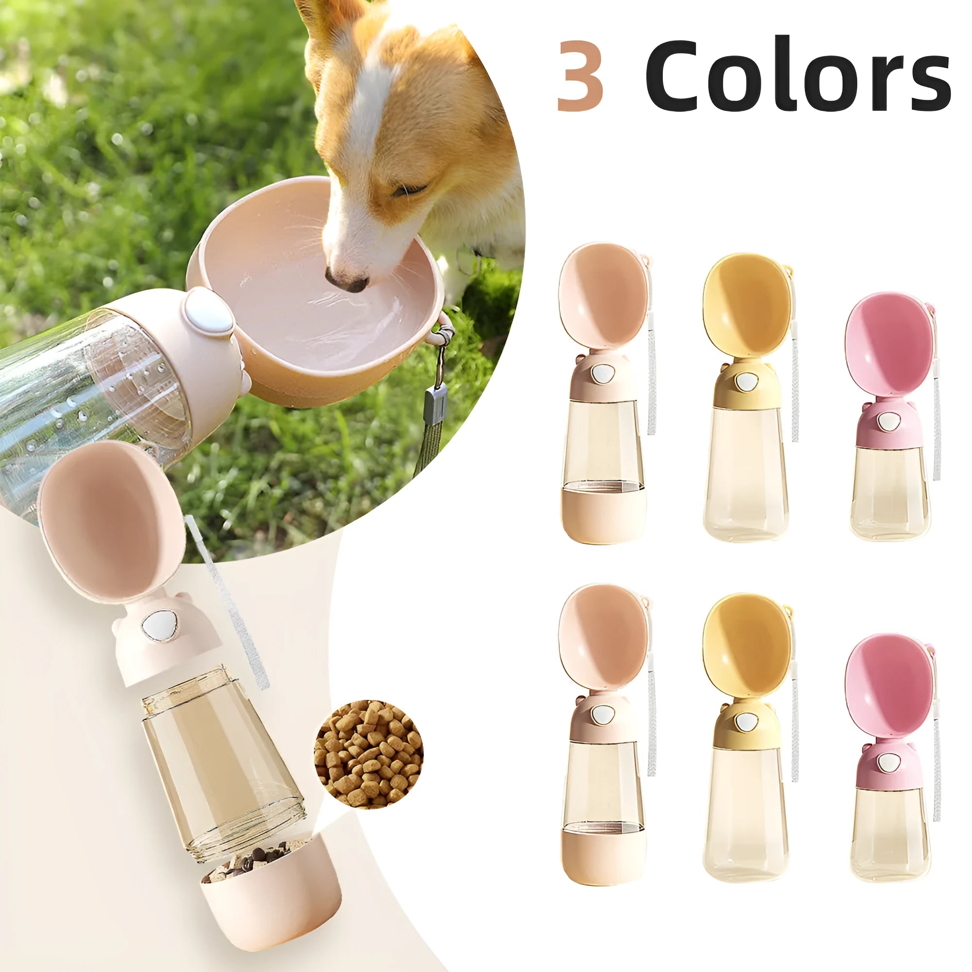 Portable dog water bottle with attached feeding bowl in yellow, pink and brown colour options