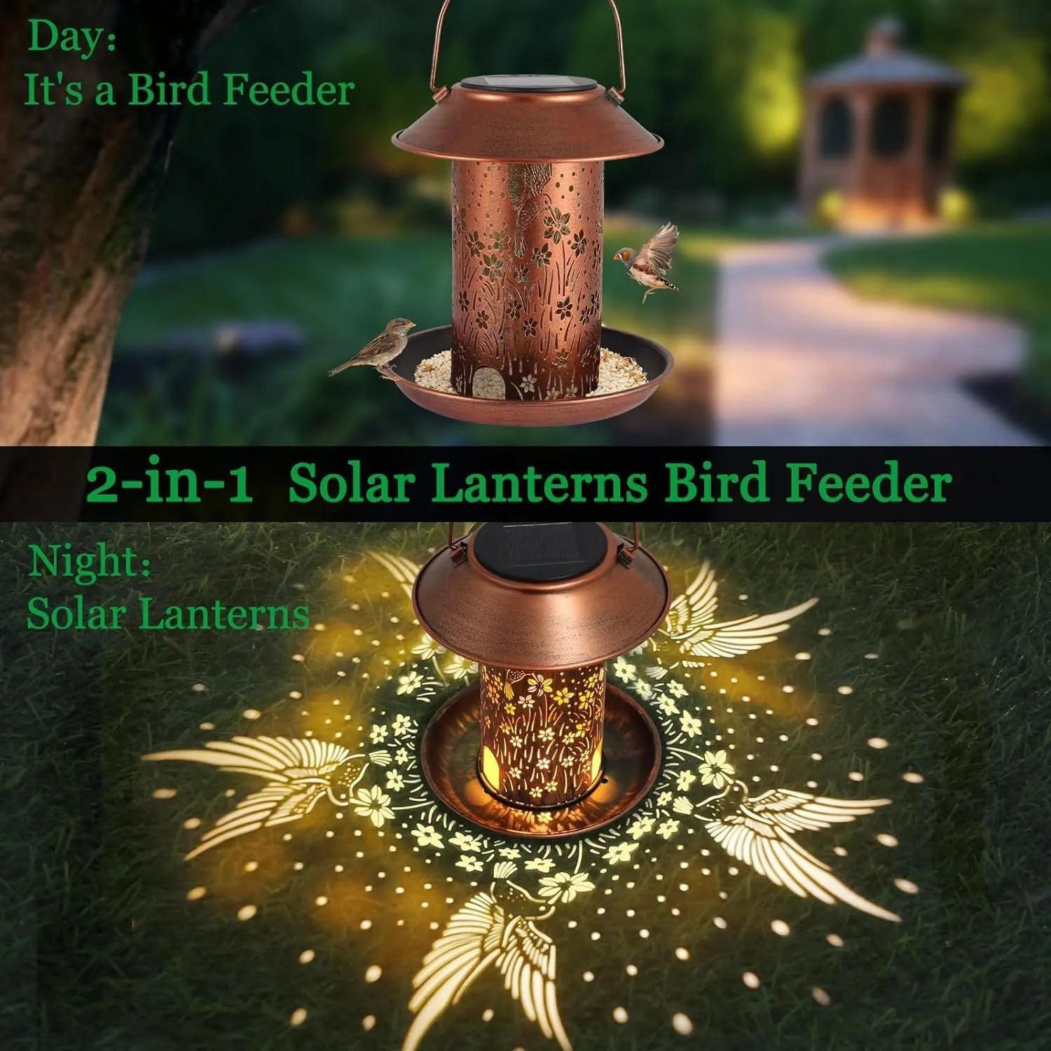 Solar-powered iron art bird feeder lamp with hummingbird pattern for outdoor gardens.