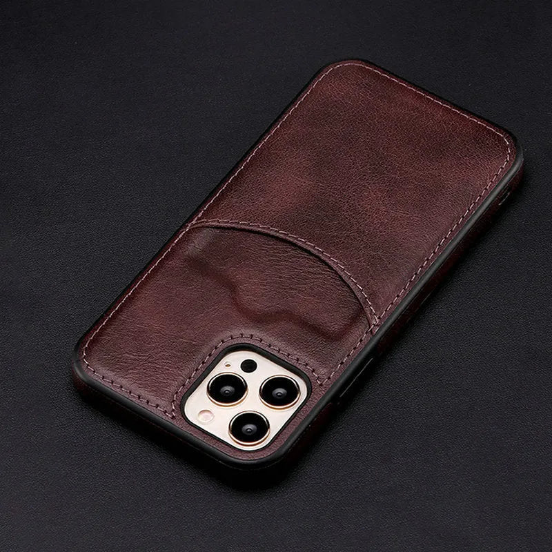 Dark blue PU leather phone case shown on an iPhone, highlighting protective edges and precise button cutouts.