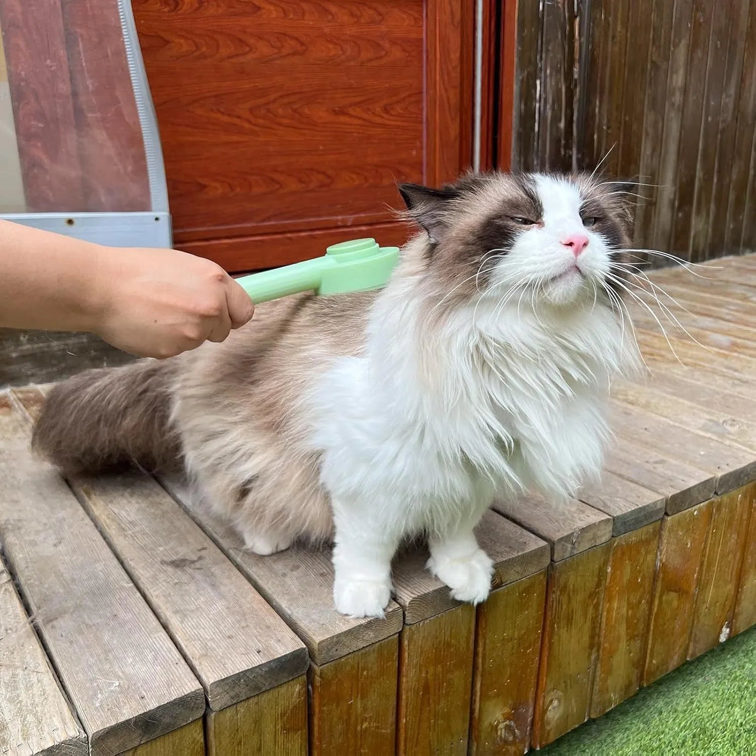 Green 2-in-1 pet grooming brush with stainless steel teeth for cats and dogs measuring 17.5cm