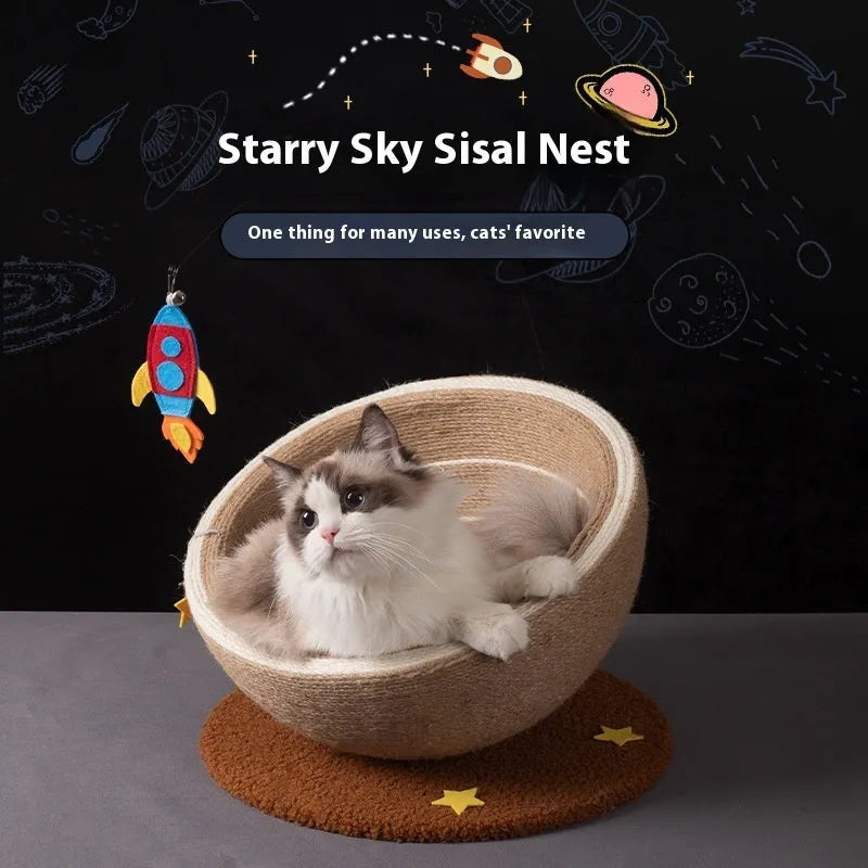 Large cat scratching basin with sisal rope post and flannel-lined nest in starlight colour