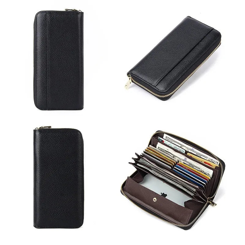 Women's genuine leather long wallet in solid colour with large capacity and anti-theft card swipe