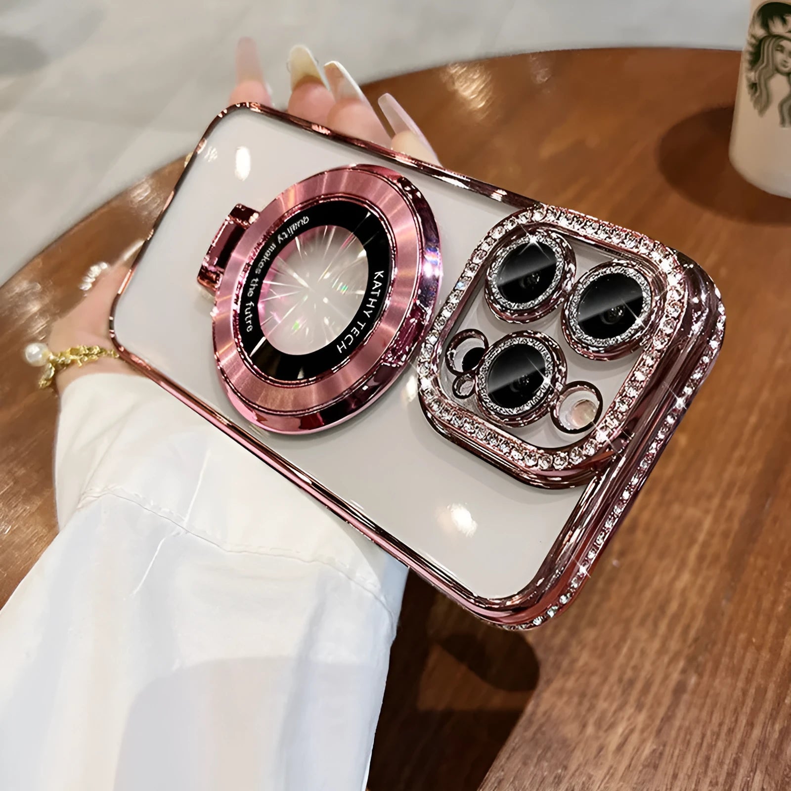 Transparent silicone iPhone case with magnetic bracket and rhinestone decoration in five colour options
