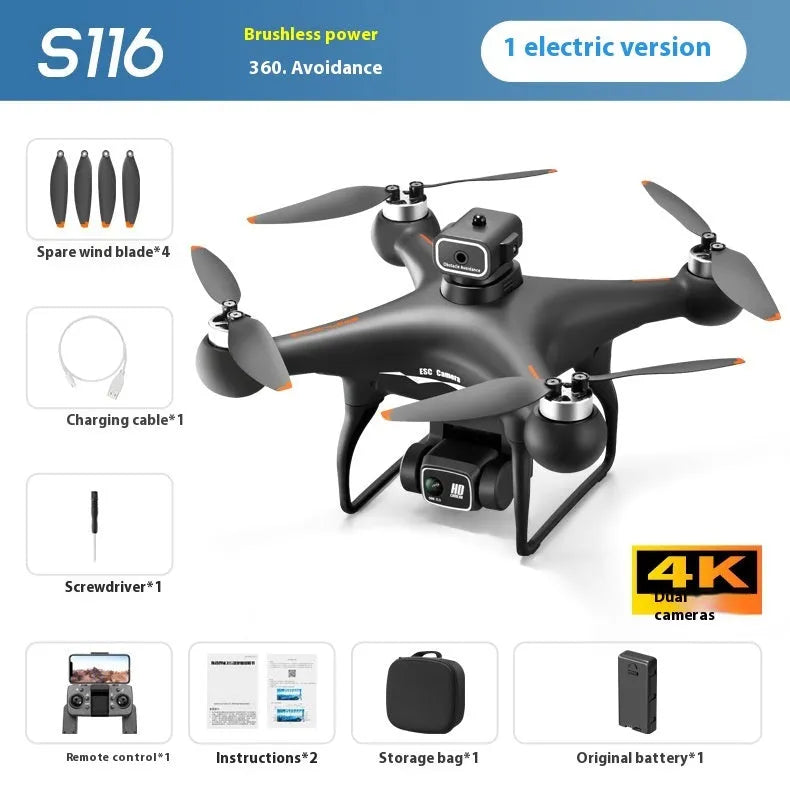 Black S116 brushless motor drone with four propellers and a camera, shown with its remote control.